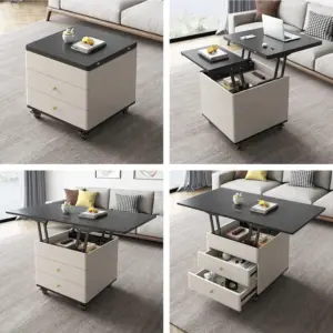 Table Basse Multifonction Moderne Levable et Extensible avec Tiroirs de Rangement et Roues Universelles