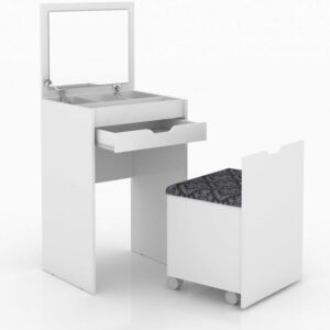 Coiffeuse avec siège, tiroir et miroir rétractable, blanche